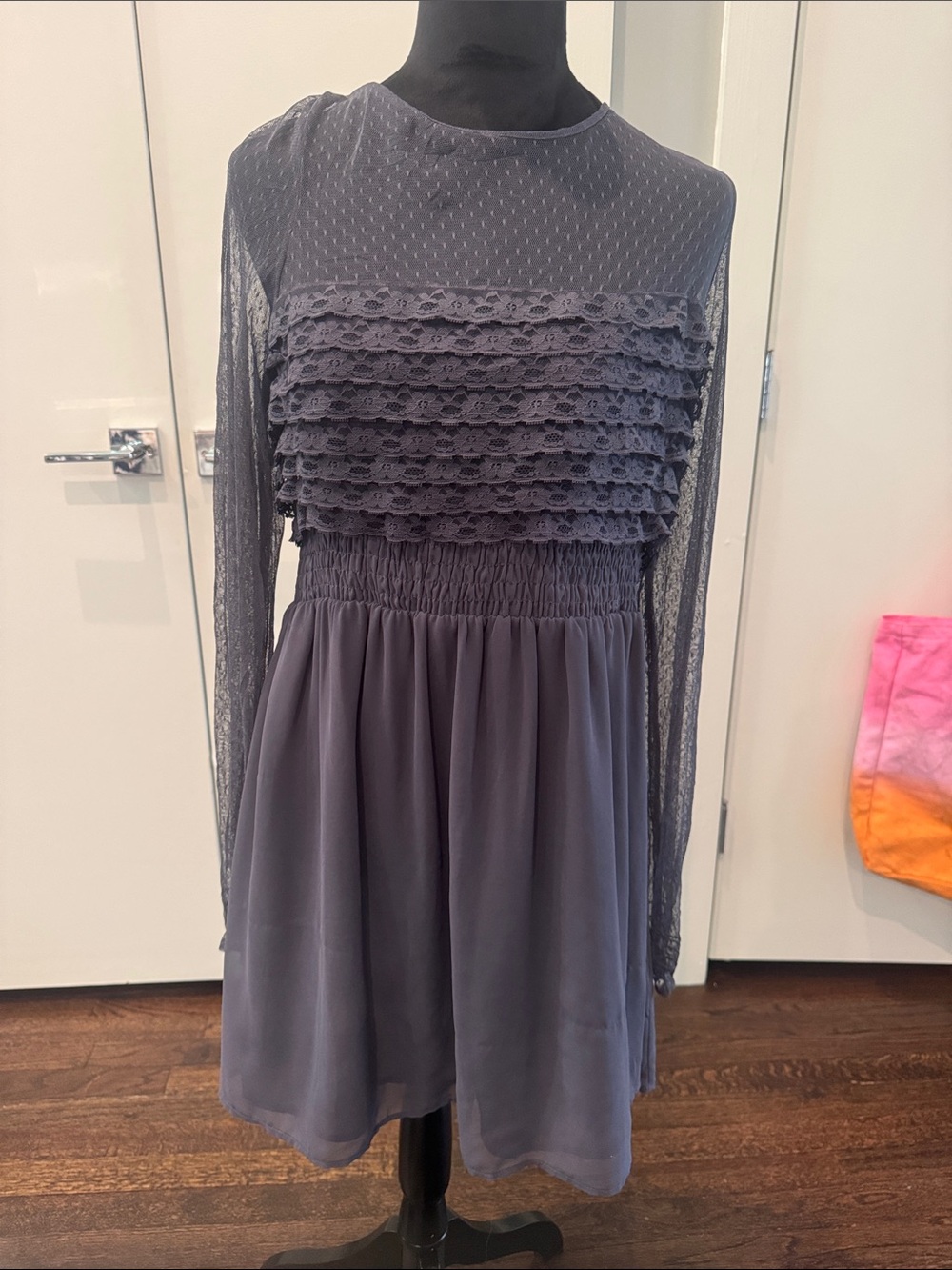 Free People Lace Ruffle Long Sleeve Chiffon Dress in Dusty Blue